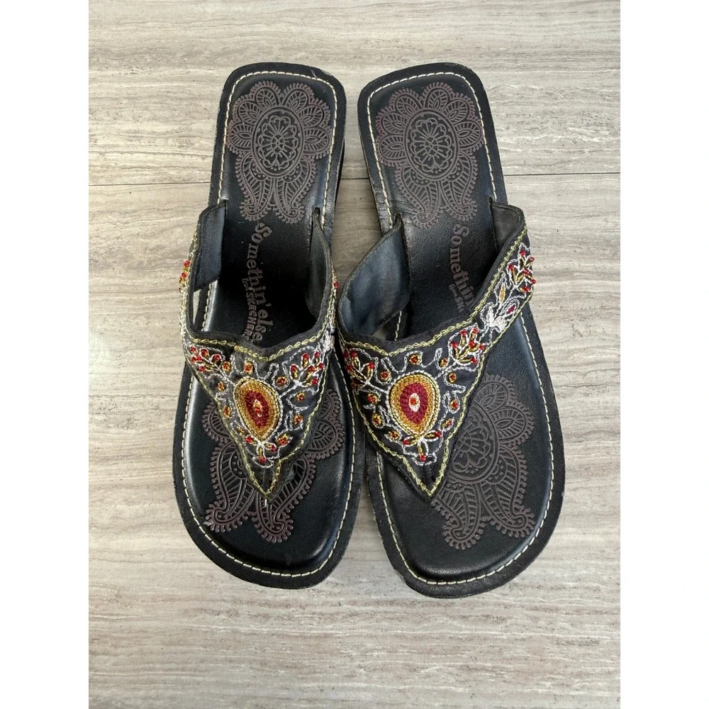 Skechers Somethin Else Vintage Y2K Boho Embroidered Leather Wedge Sandals 8.5